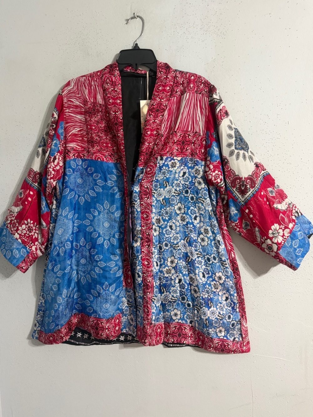 NWT 100% SILK Johnny Was Patchwork Floral Kimono Jacket in Red & Blue